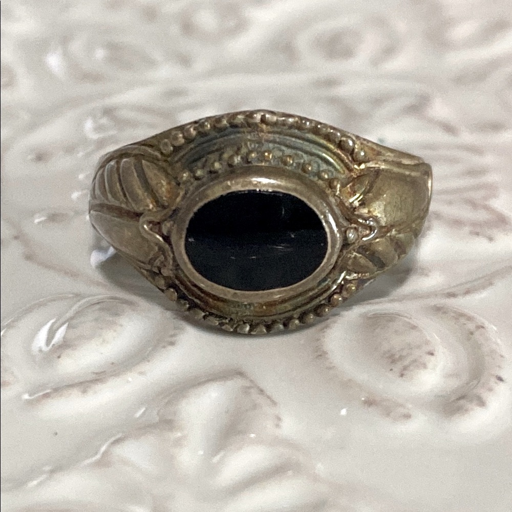Vintage Sterling Silver Black Onyx Oval Leaf Statement Ring Boho Gothic 925